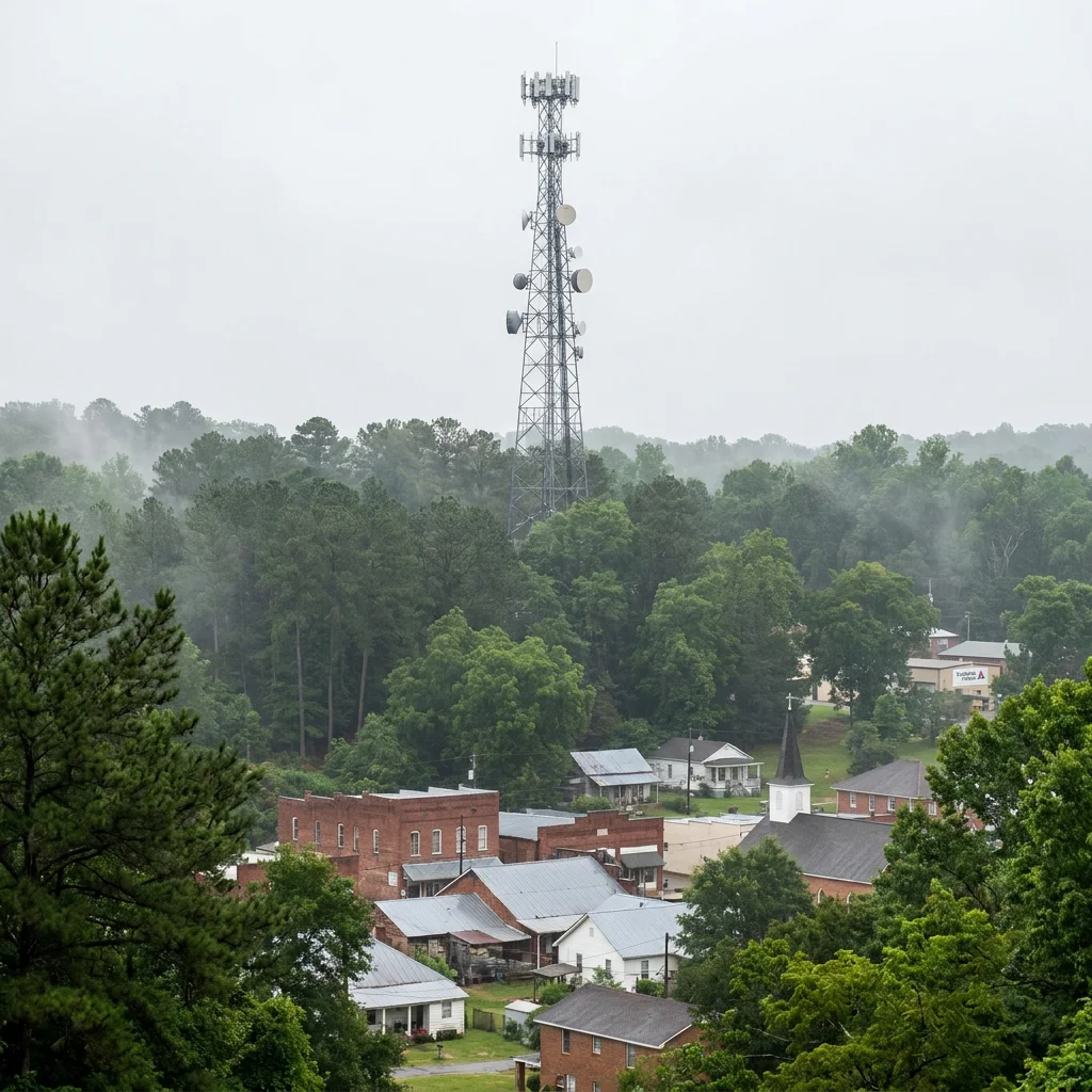 A cellular tower rising above the tree line over a small Alabama town