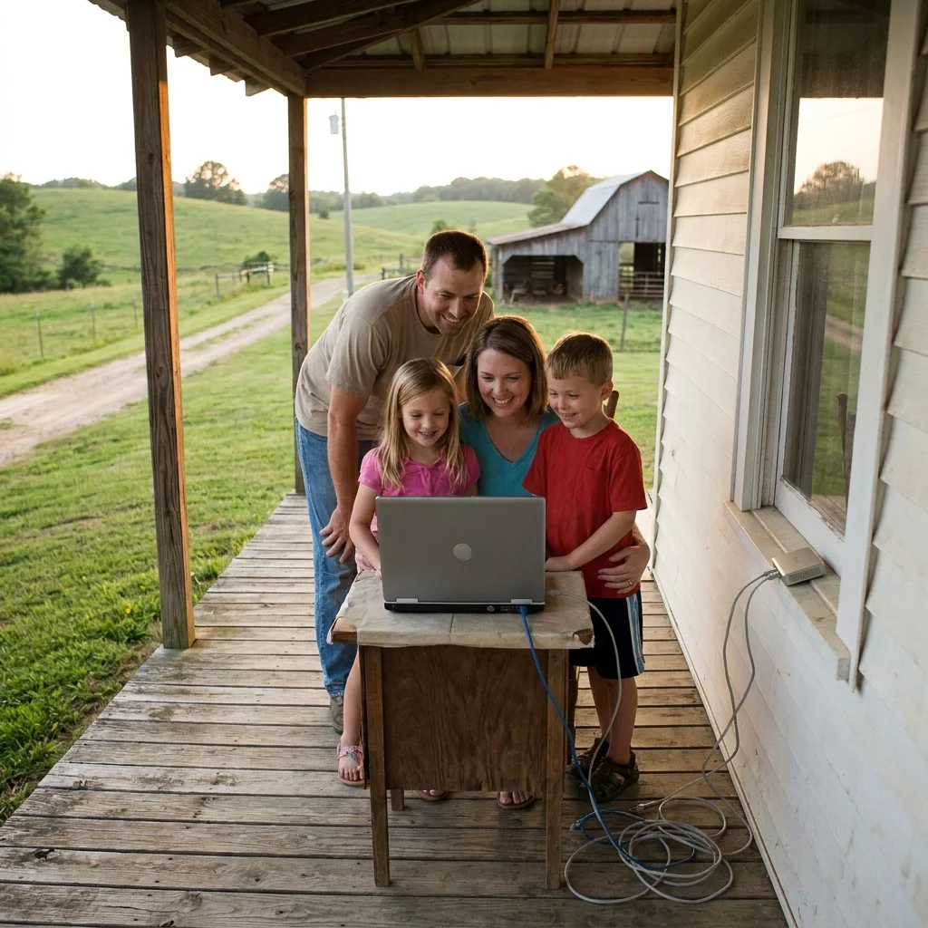 A family on a rural Alabama farm using a laptop and staying connected