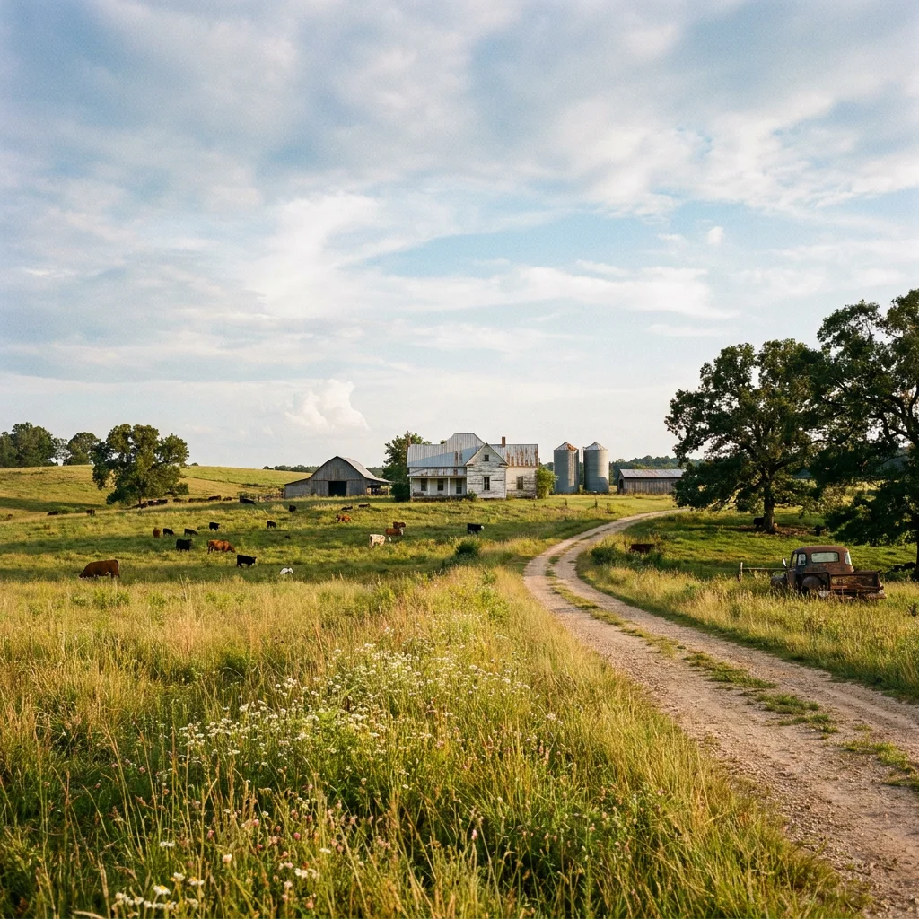 Wide-open rural Alabama countryside with a farmhouse in the distance