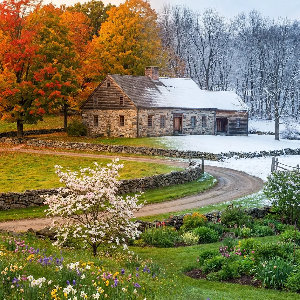 A rural Connecticut home surrounded by trees in the changing seasons