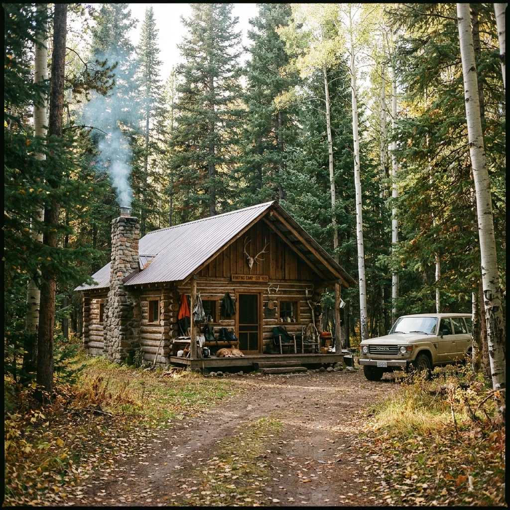 A hunting camp cabin tucked into the timber
