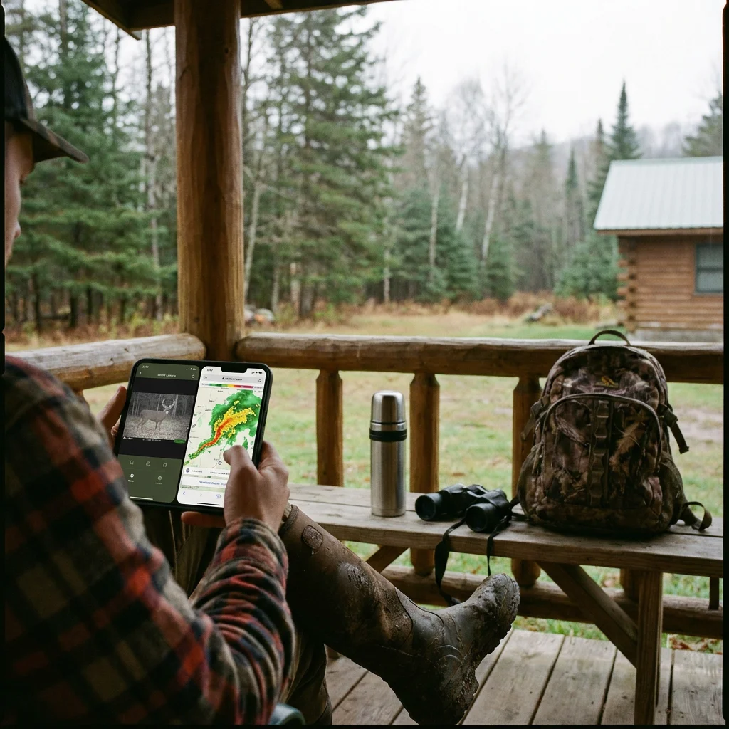 Checking a game camera app and weather radar from the camp