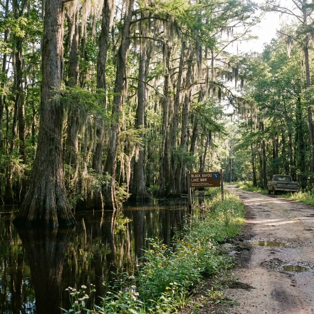 Cypress swamp at the edge of a quiet north Louisiana backroad