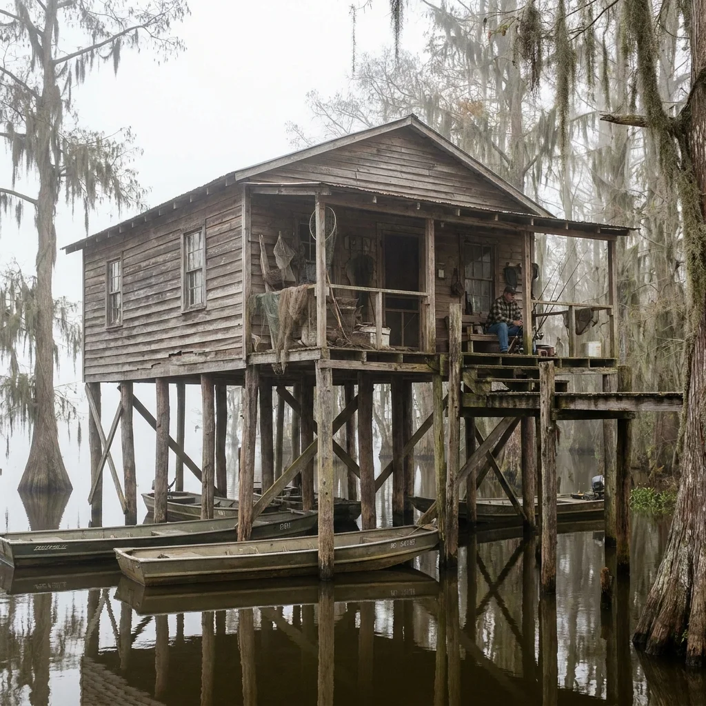A fishing camp on stilts over the water at Lake D'Arbonne