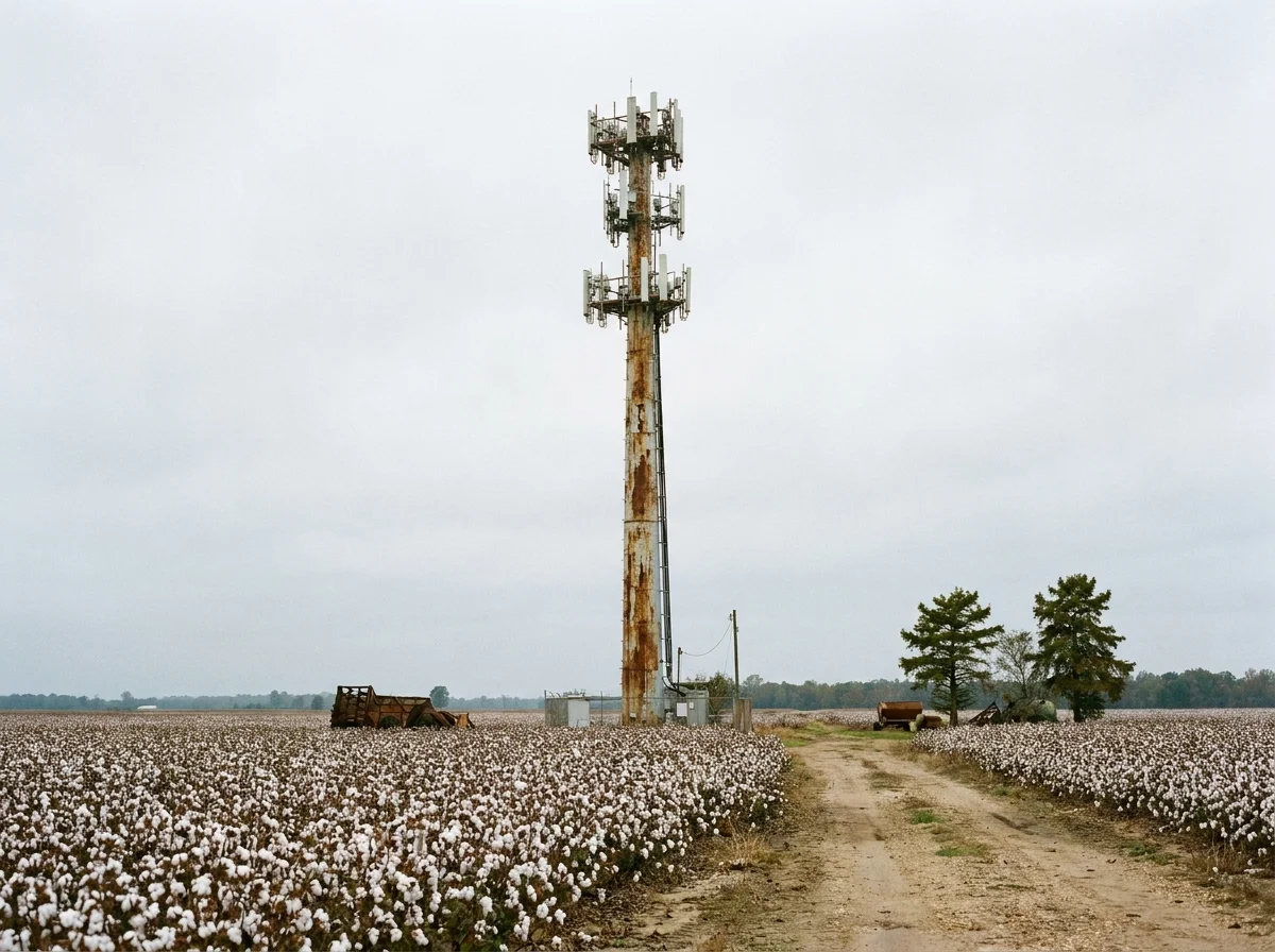 A cell tower rising over Delta cotton fields