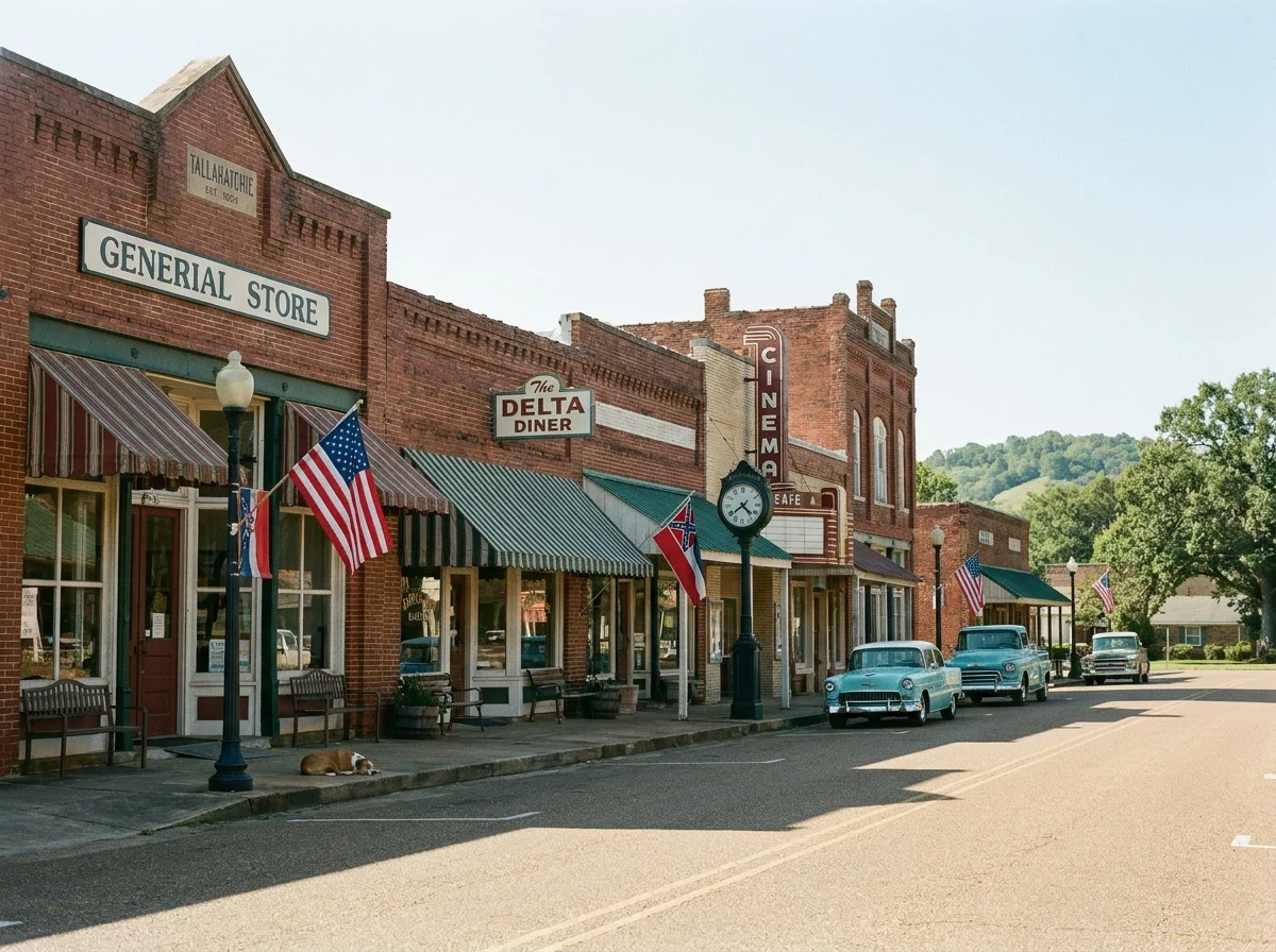 A quiet small-town main street in rural Mississippi