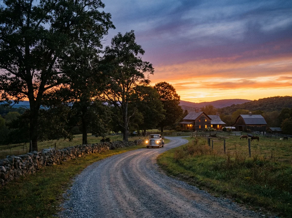 A country backroad leading toward a rural home at dusk
