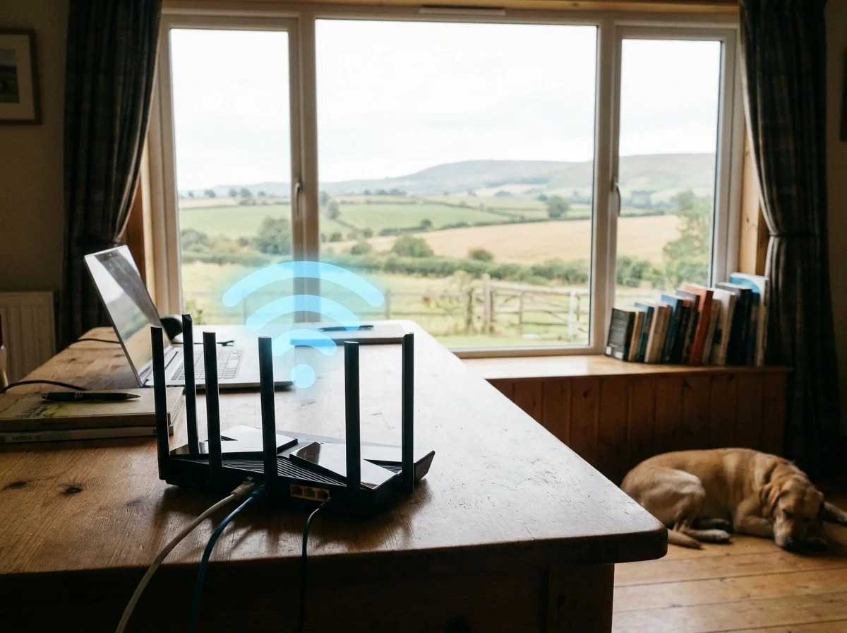 A plug-and-play router broadcasting WiFi in a rural home office