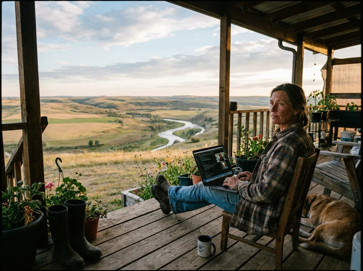 A remote worker on a rural porch with a laptop and open land beyond