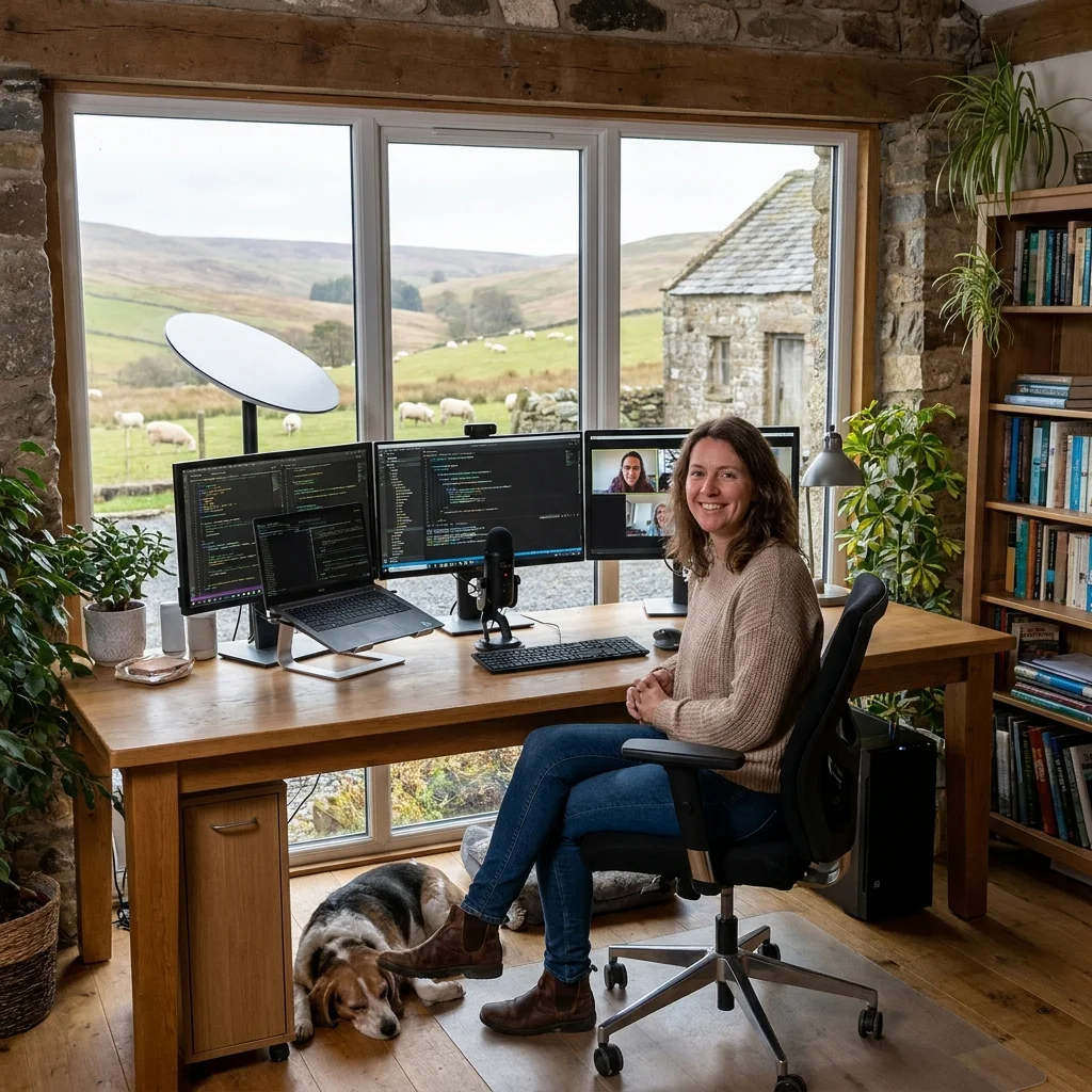 Someone working from a home office in a rural setting, connected and productive