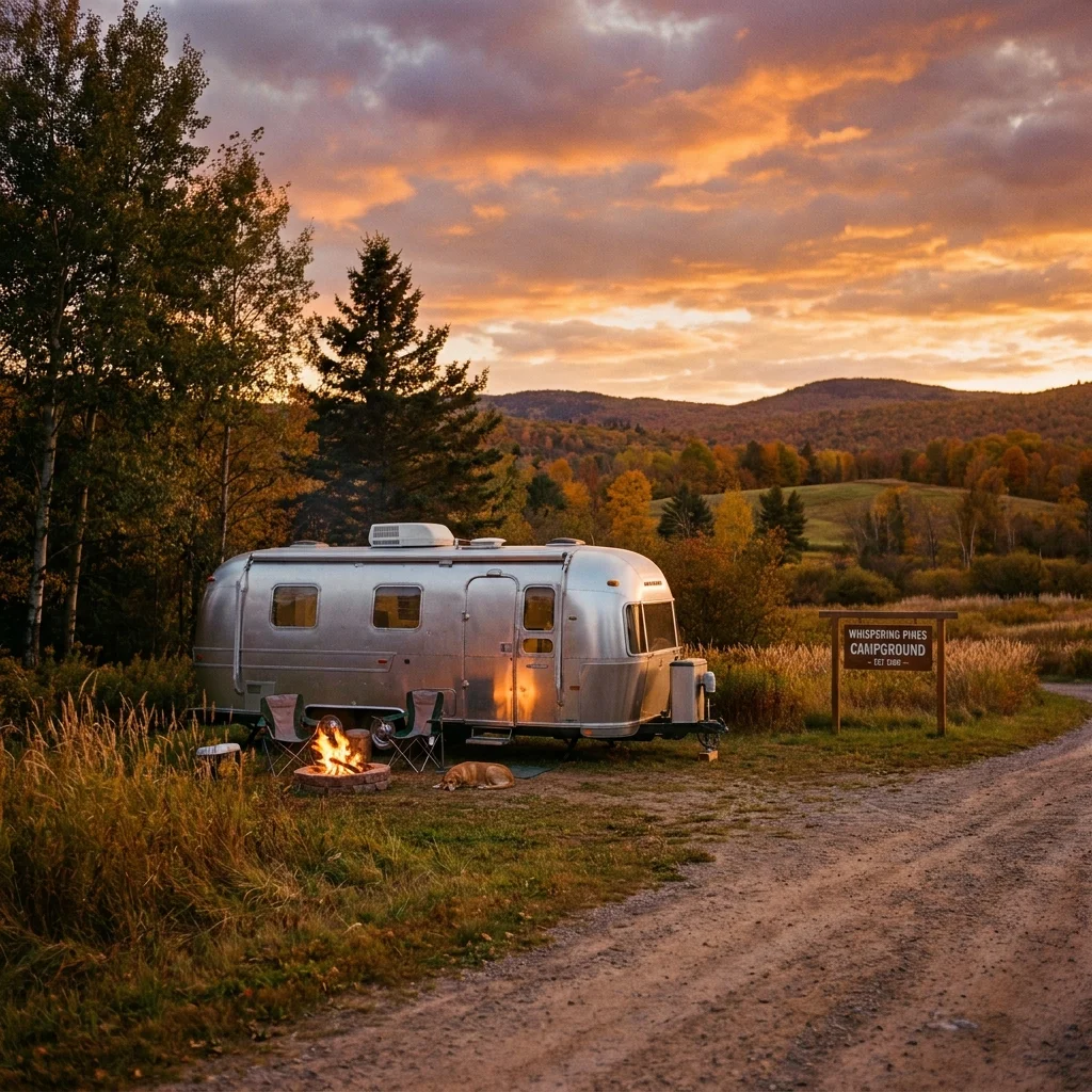 An RV parked at a quiet rural campground at golden hour