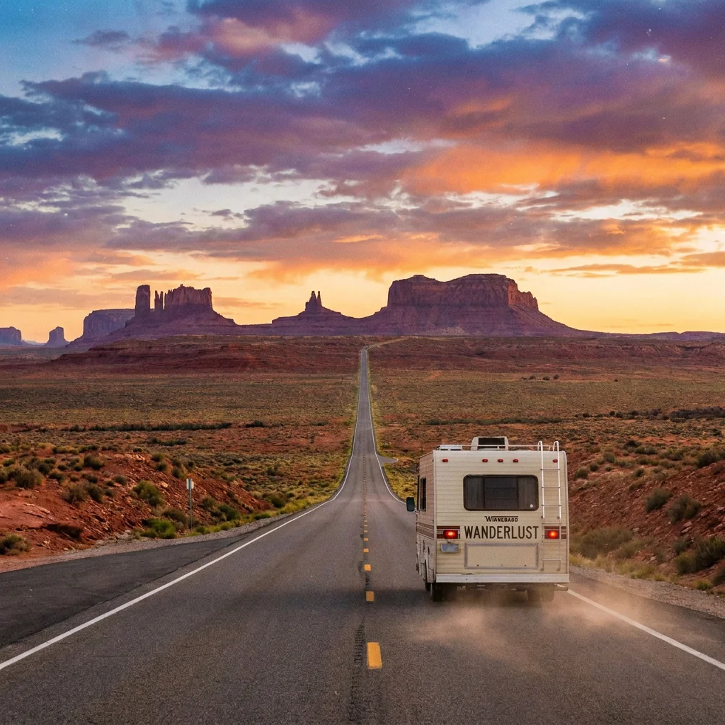 An RV on an open highway stretching toward the horizon