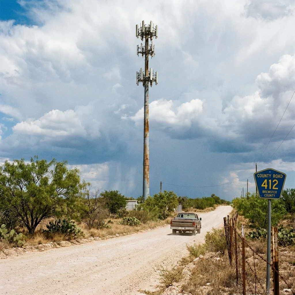 A cell tower rising over a Texas county road