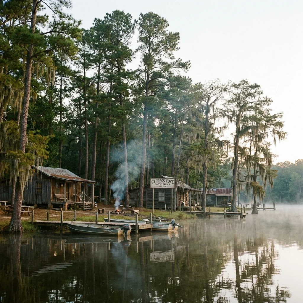 A fishing camp among the East Texas Piney Woods on a quiet lake