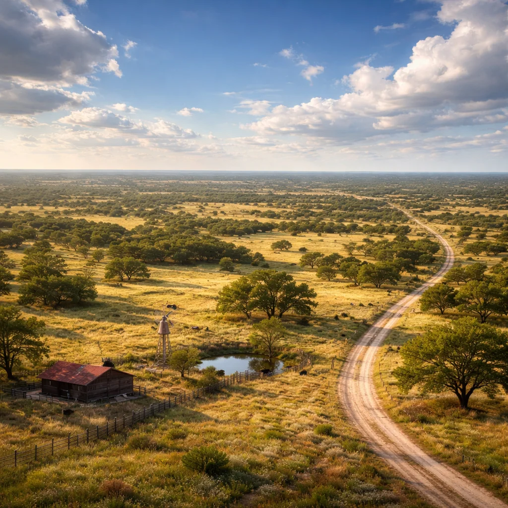 Texas ranch country stretching to the horizon under a wide sky